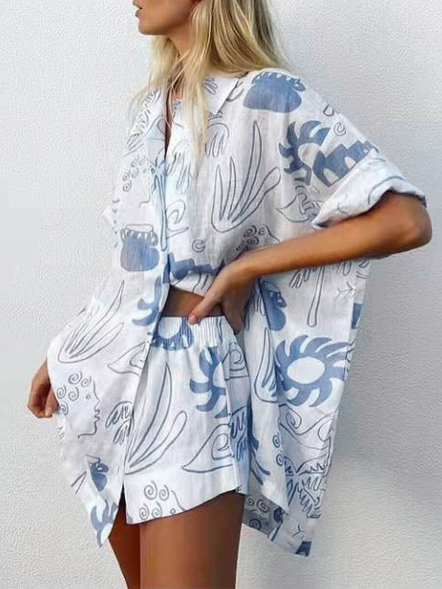 Blue Cotton Printed Two Piece Set
