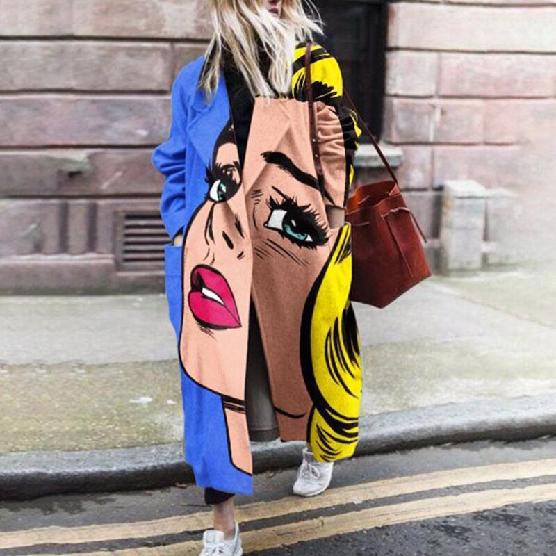 Pattern Print Long Woolen Coat