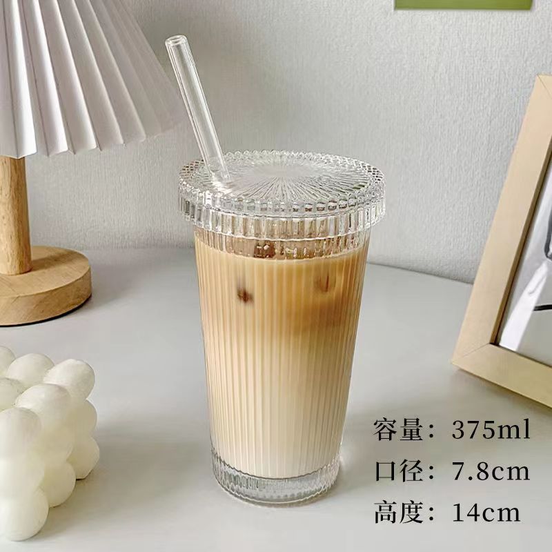 375Ml Stripe Glass Cup with Lip Straw