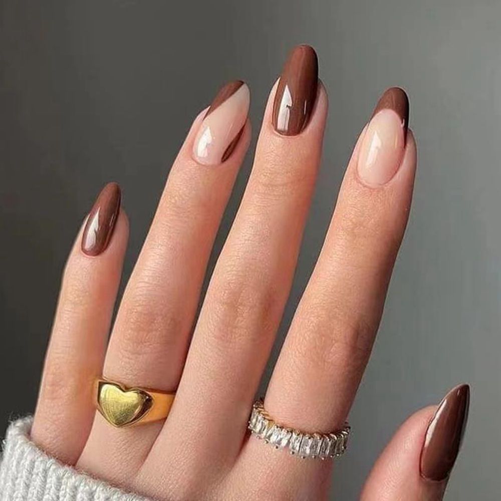 24Pcs/Set Brown French Stiletto Nails