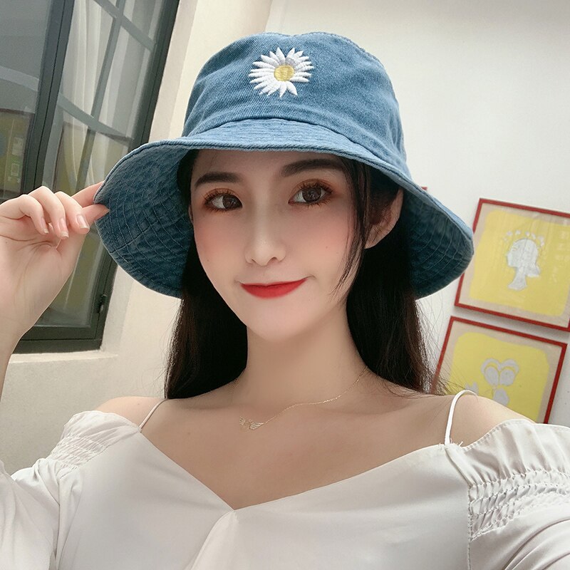 Denim Daisy Embroidery Bucket Hat