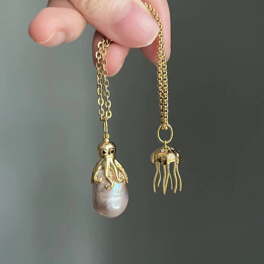 Marine Octopus Jellyfish Pearl Pendant Necklace