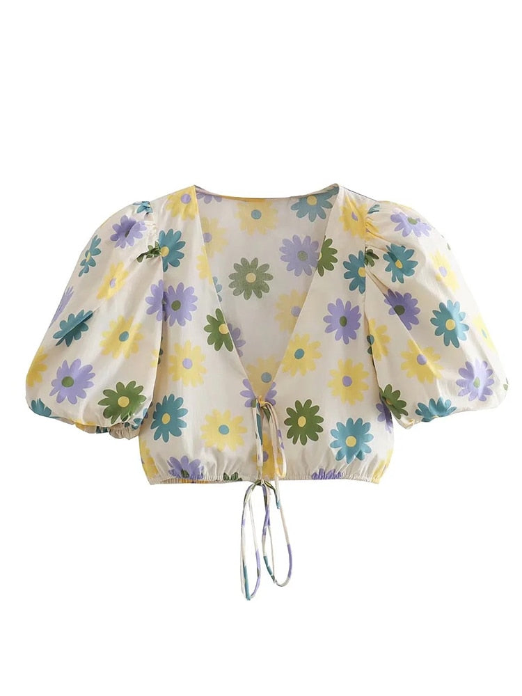 Tied Floral Print Crop Blouses