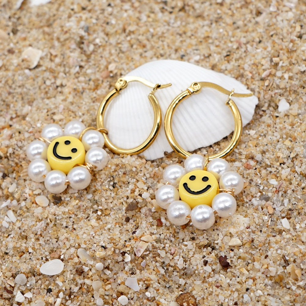 Smiley Face Pearl Beads Drop Earrings