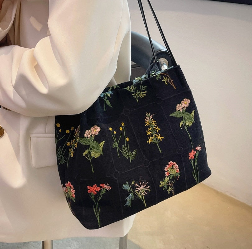Black Embroidery Flowers Tote Bag