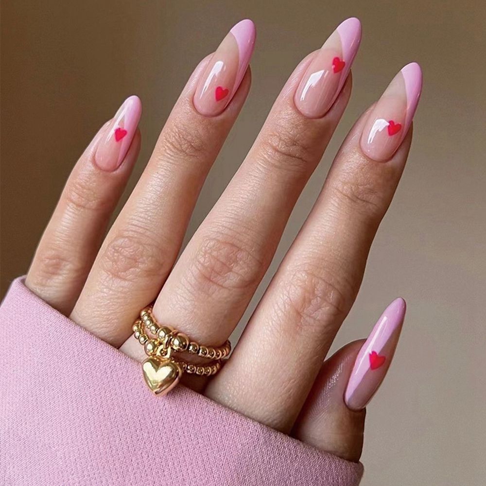 24pcs/Box Pink Red Heart Almond Press On Nails