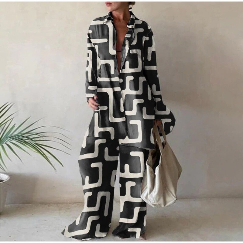 Black/White Geometric Loose Shirt Pants Two Piece Set