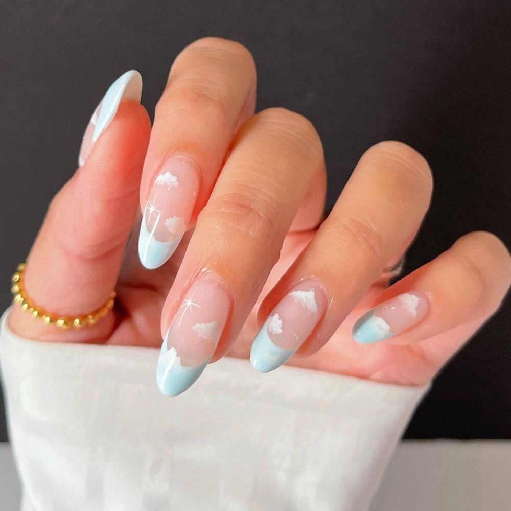 24Pcs/Set Blue Sky White Cloud French Stiletto Nails