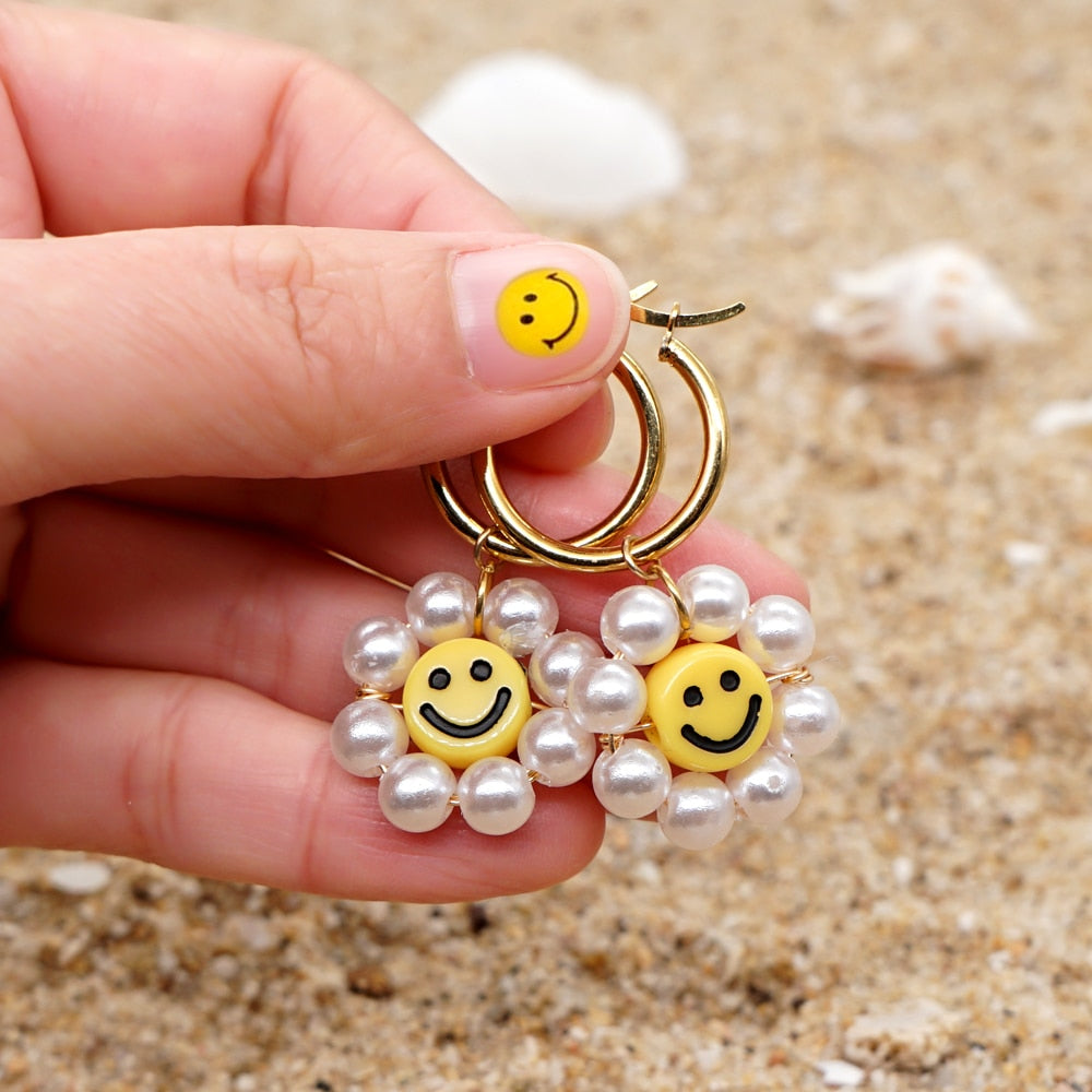 Smiley Face Pearl Beads Drop Earrings