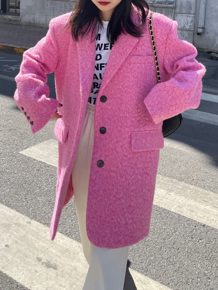 Pink Long Oversize Woolen Coat