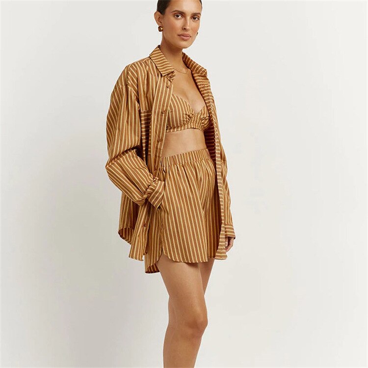 Bra Tops + Long Sleeve Shirt + Short Pants Set