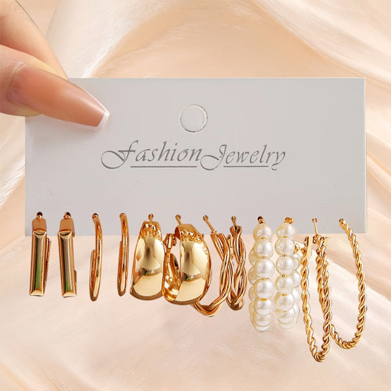 Gold Pearl Hoop Earrings Set