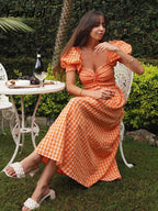 Puff Sleeve Orange Ruched Maxi Dress