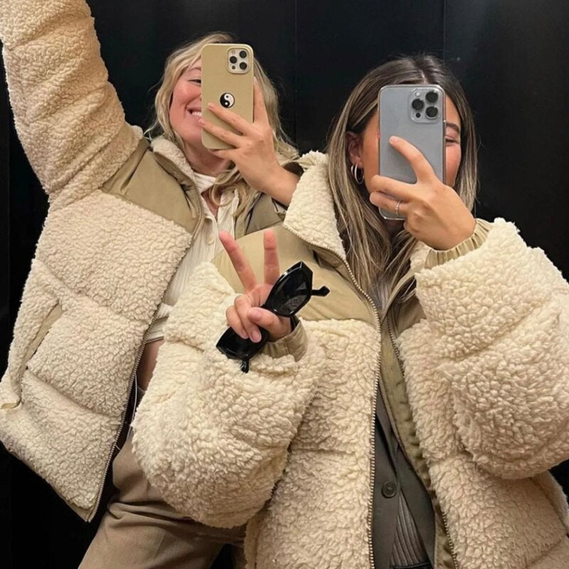 Camel Faux Fur Lamb Puffer Jacket