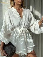 High Waist Shorts + Long Sleeve Robes Two Piece Set