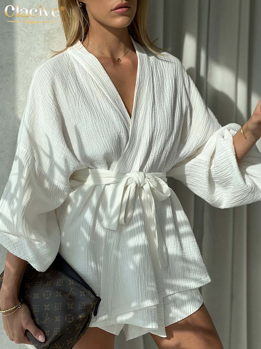 High Waist Shorts + Long Sleeve Robes Two Piece Set