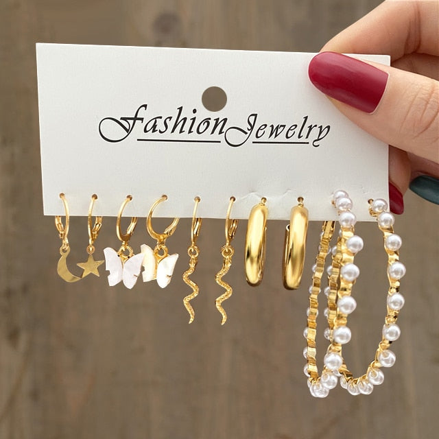 Gold Pearl Hoop Earrings Set