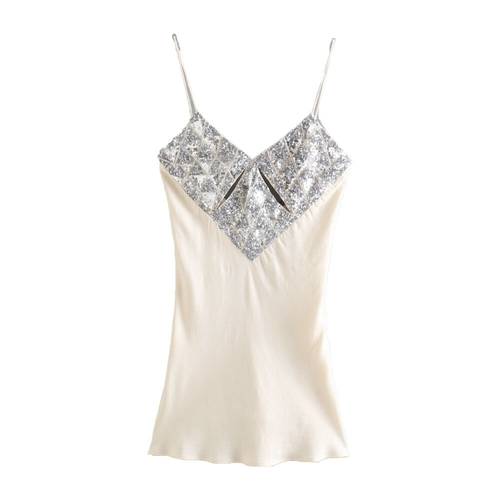 White Sequin Hollow Satin Dress