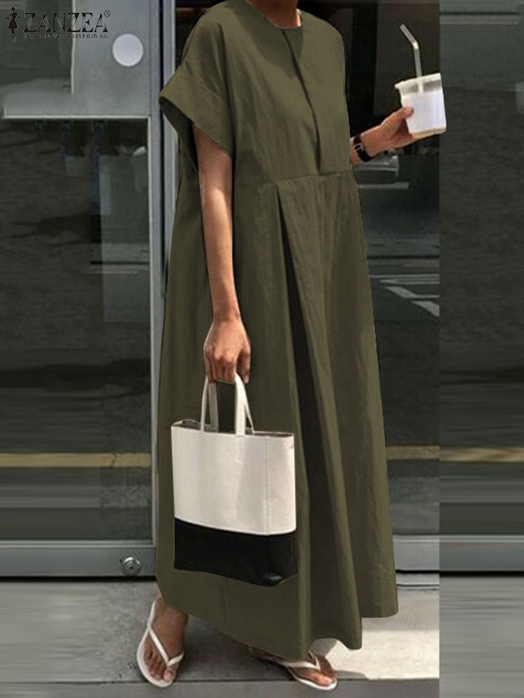 O-Neck Pleated Long Dress