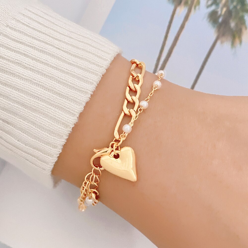 Gold Heart Pearl Smiley Bracelet