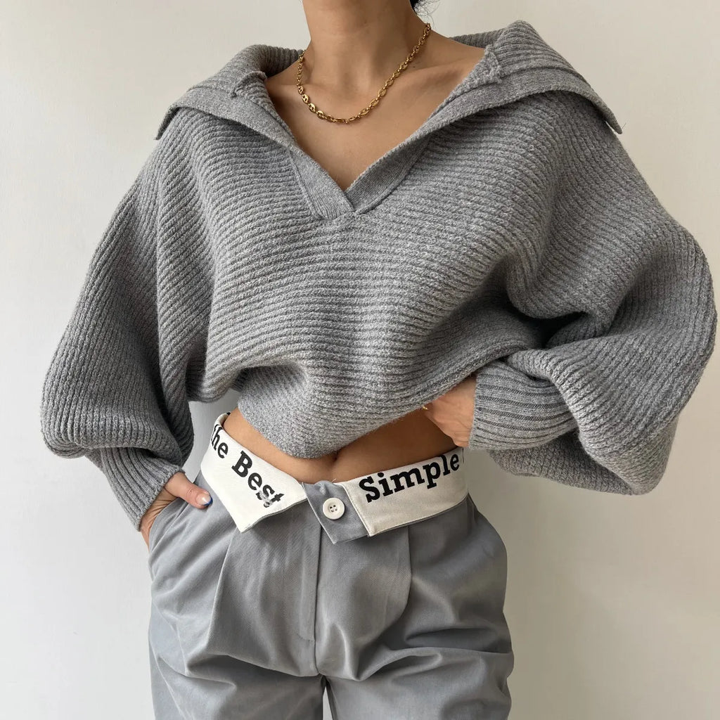 Knitted Turn Down Collar Jumper