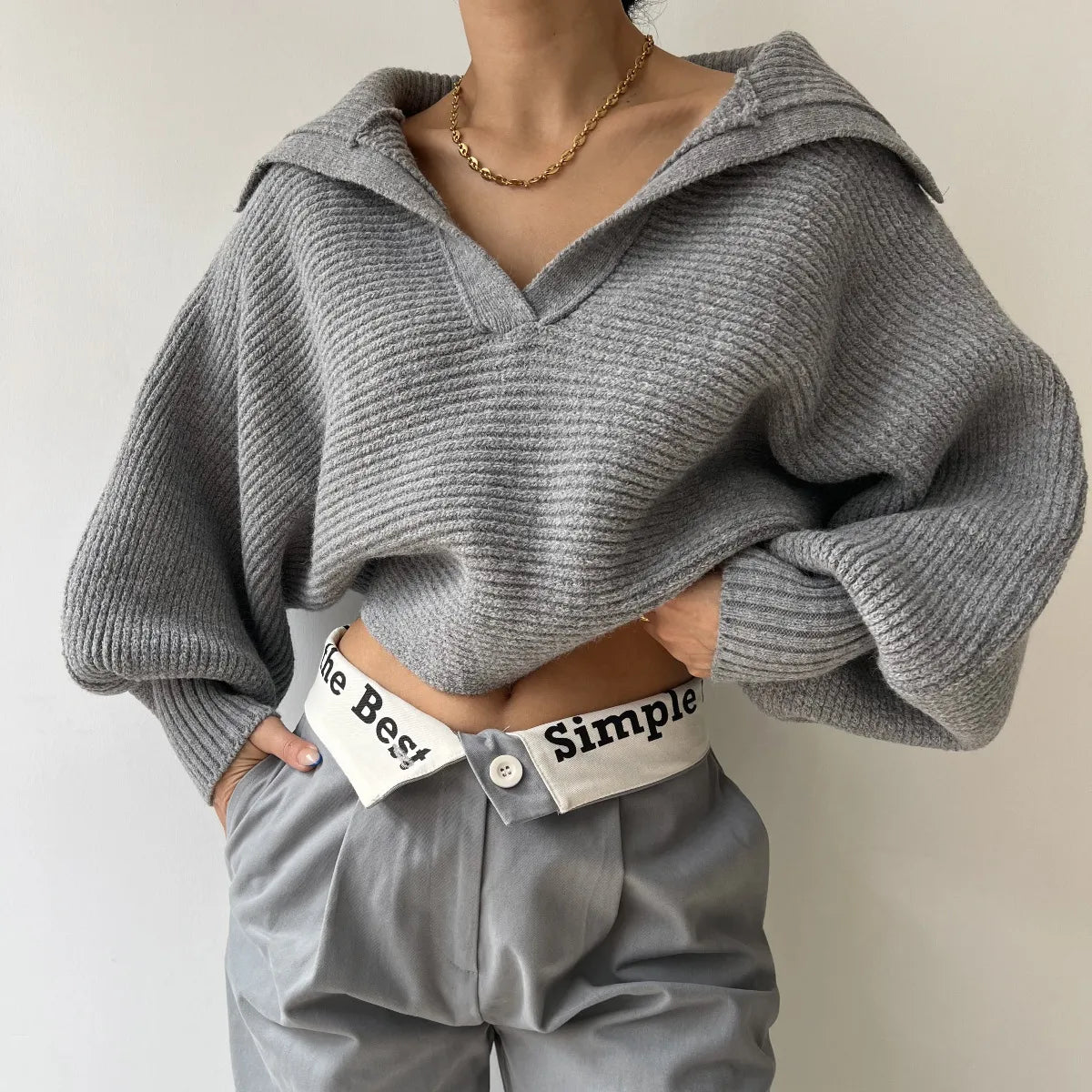 Knitted Turn Down Collar Jumper