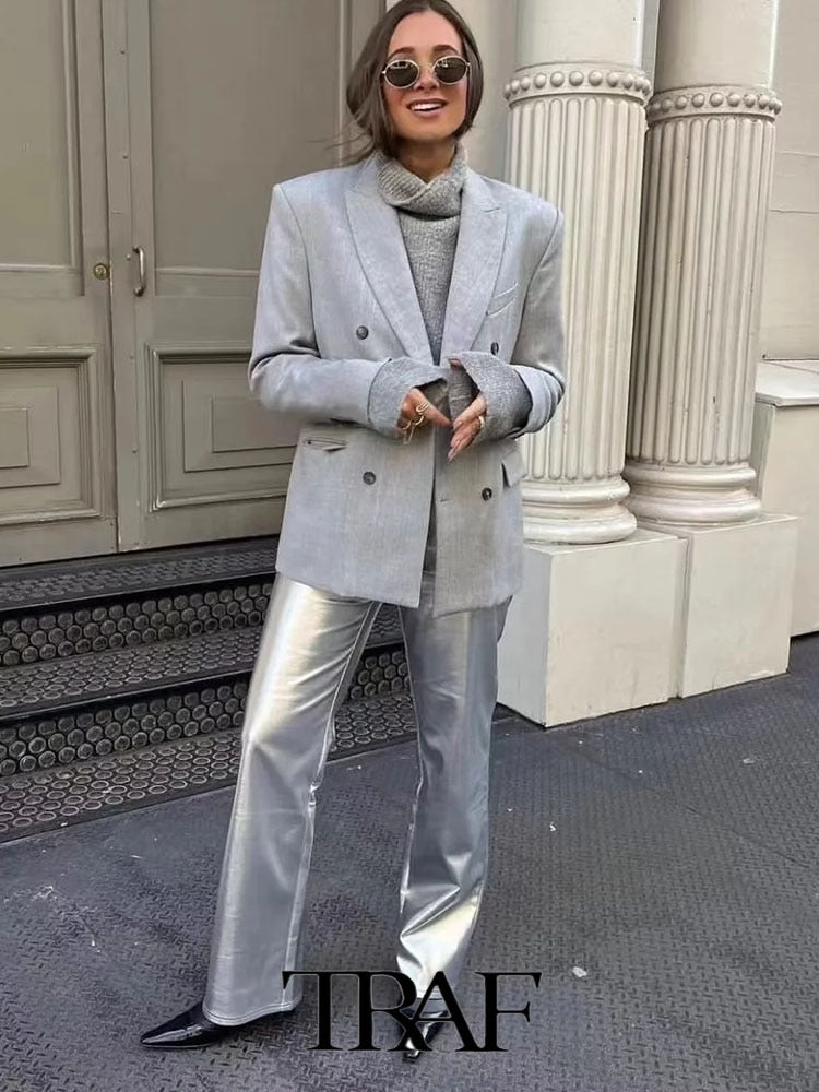 Metallic High Waist Leather Pants