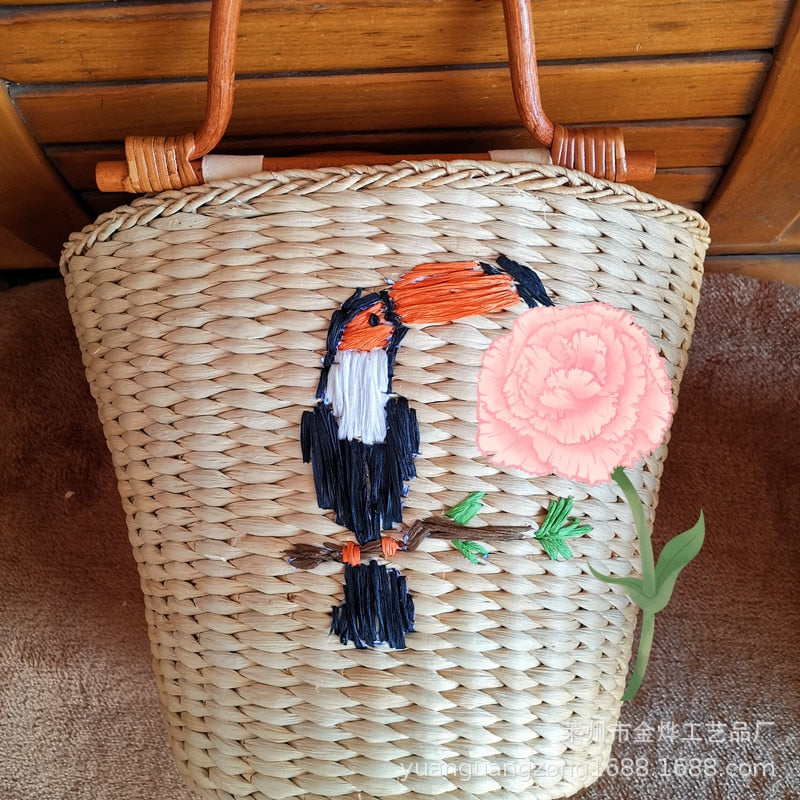 Embroidered Bird Rattan Bag