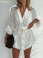 High Waist Shorts + Long Sleeve Robes Two Piece Set