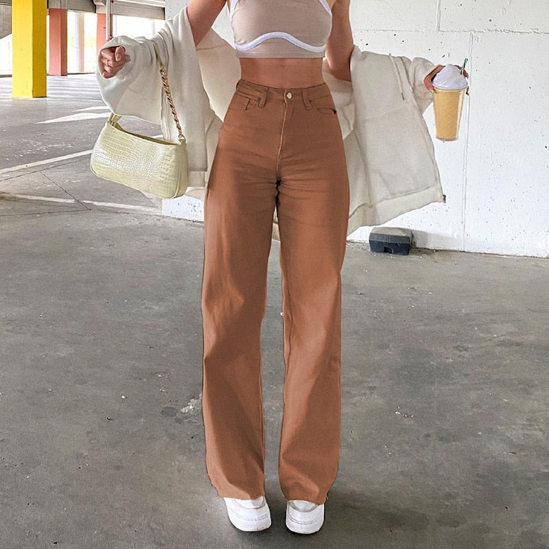 Brown  High Waist Stretch Wide Leg Denim