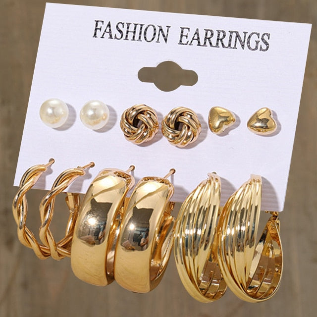 Gold Pearl Hoop Earrings Set