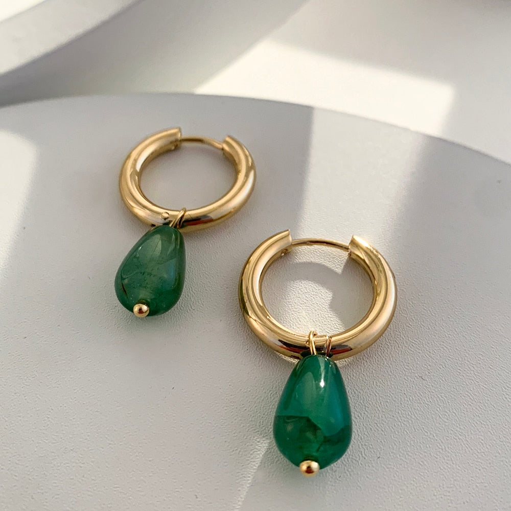 Transparent Green Natural Stone Teardrop Earrings