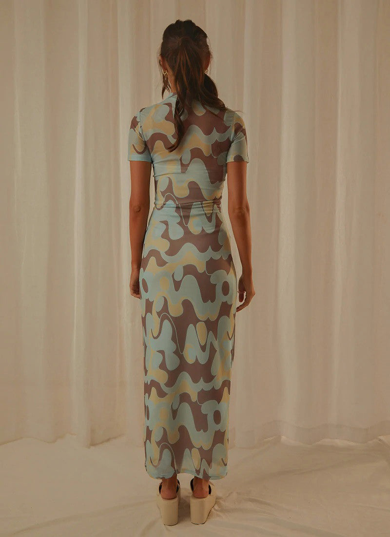 Brown/Blue Graphic Print Maxi Dress