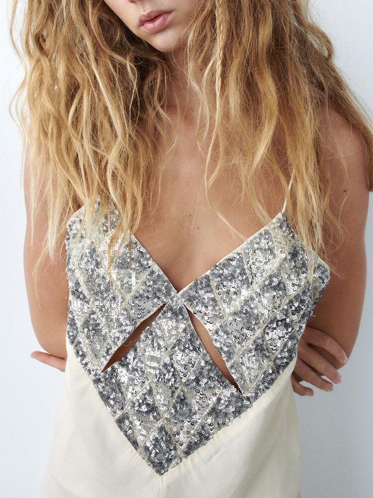 White Sequin Hollow Satin Dress