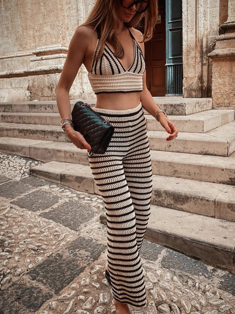 Striped Black/White Knitted Two Pieces Set