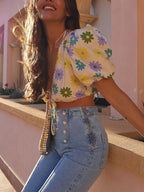 Tied Floral Print Crop Blouses