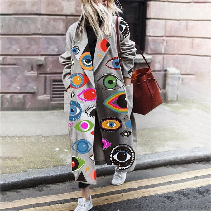 Pattern Print Long Woolen Coat