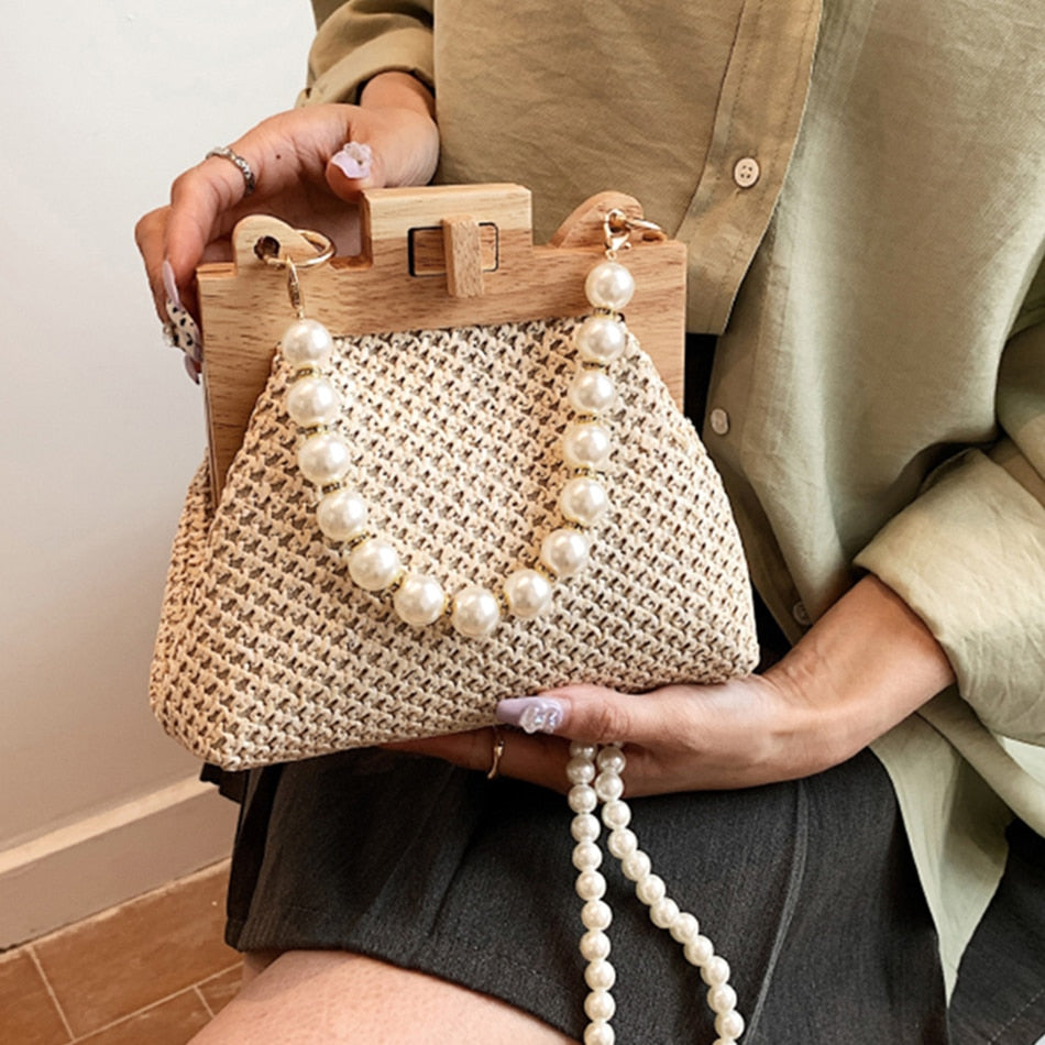 Wooden Straw Clip Bag Pearl Bag