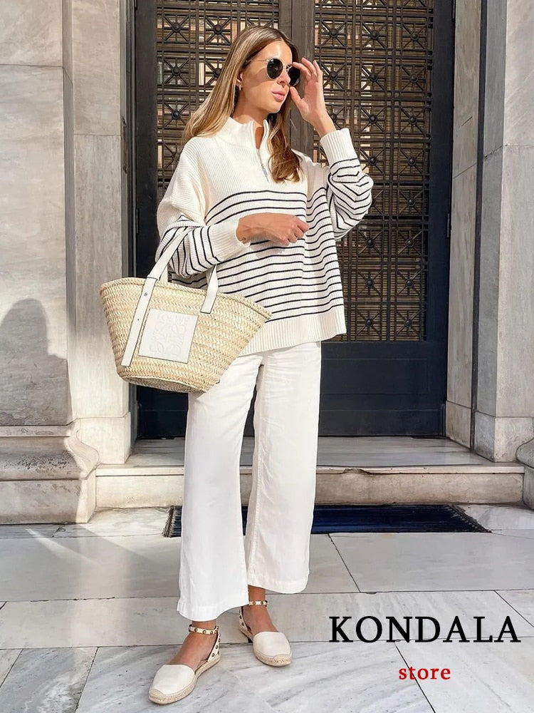 Stripe Loose Zipper Knitting Sweater