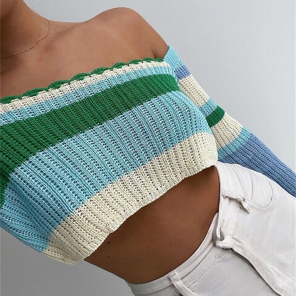 Long Sleeve Patchwork Knitted  Crop Top