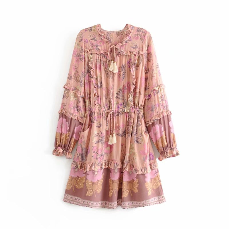 Boho Floral Print Long Sleeve Dress
