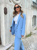 Sky Blue Loose Blazer / High Waist Straight Pants Set