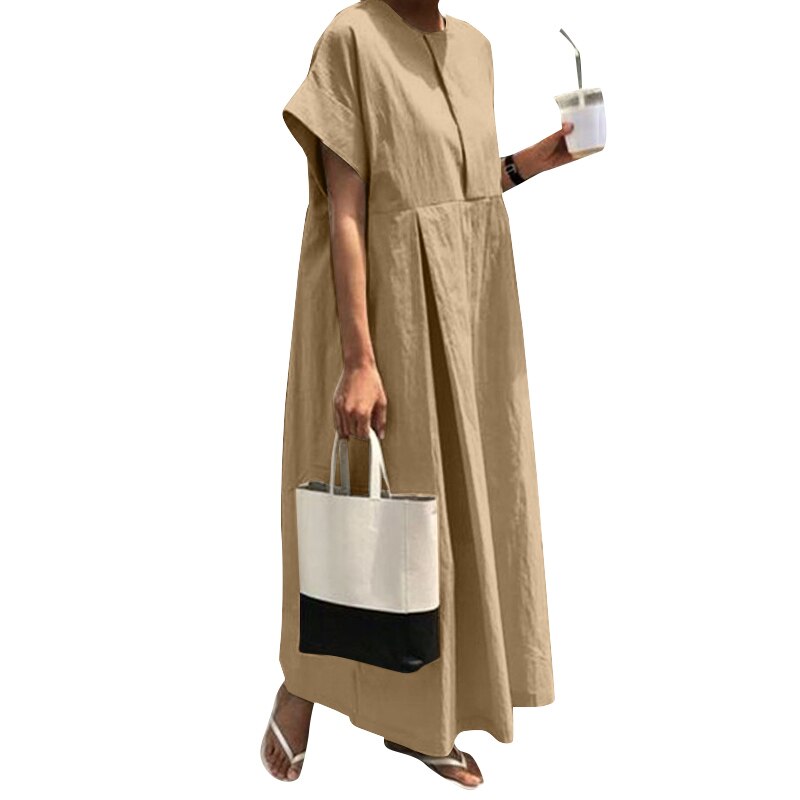 O-Neck Pleated Long Dress