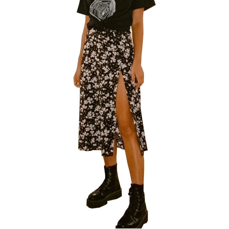 Split Midi Skirts Floral Printing