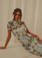 Brown/Blue Graphic Print Maxi Dress