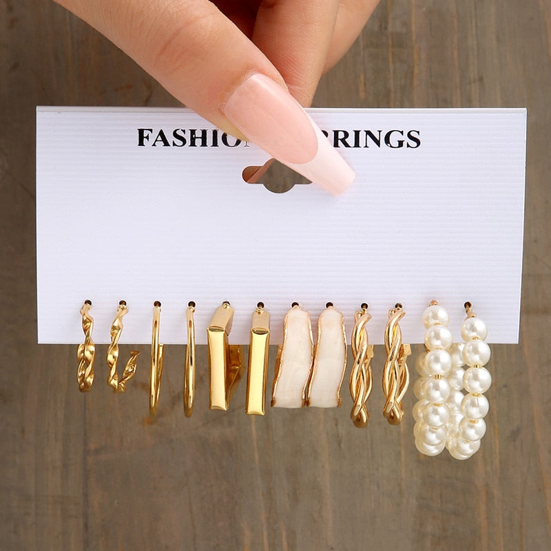 Gold Pearl Hoop Earrings Set