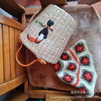 Embroidered Bird Rattan Bag