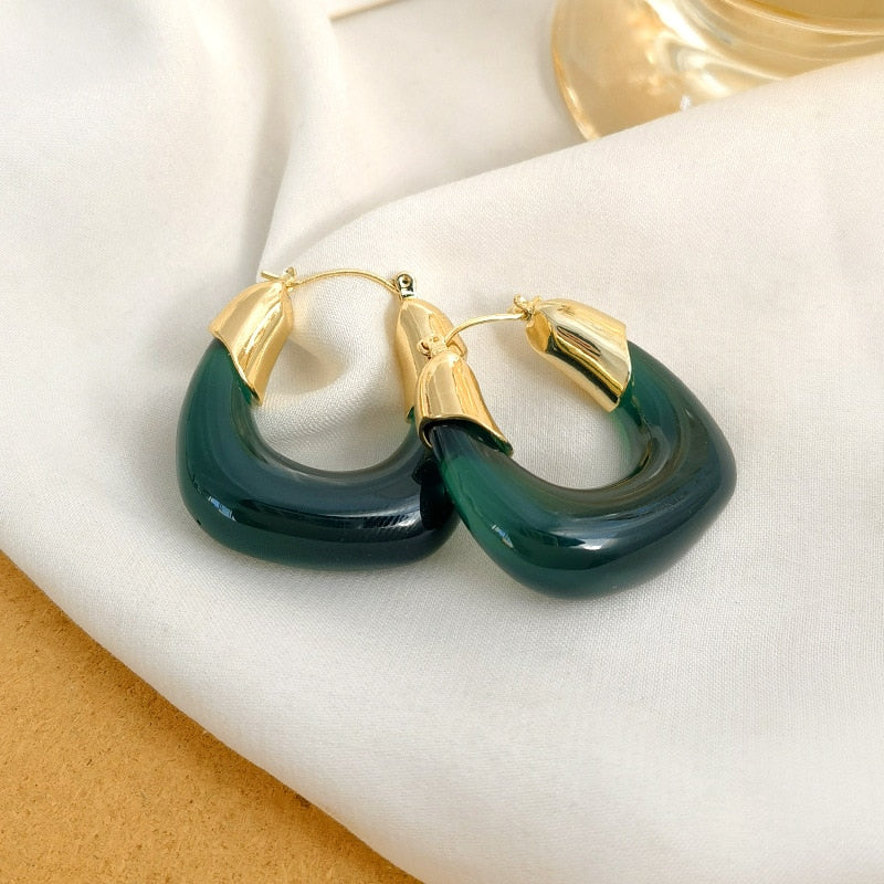 Dark Green Transparent Resin Geometric Hoop Earrings