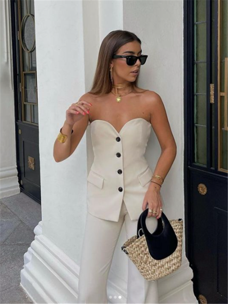 Cream Pant + Vest Two Piece Set