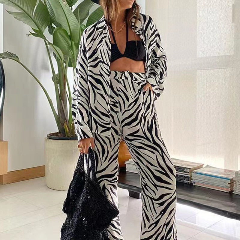 Black Loose Zebra Shirt Pants Two Piece Set